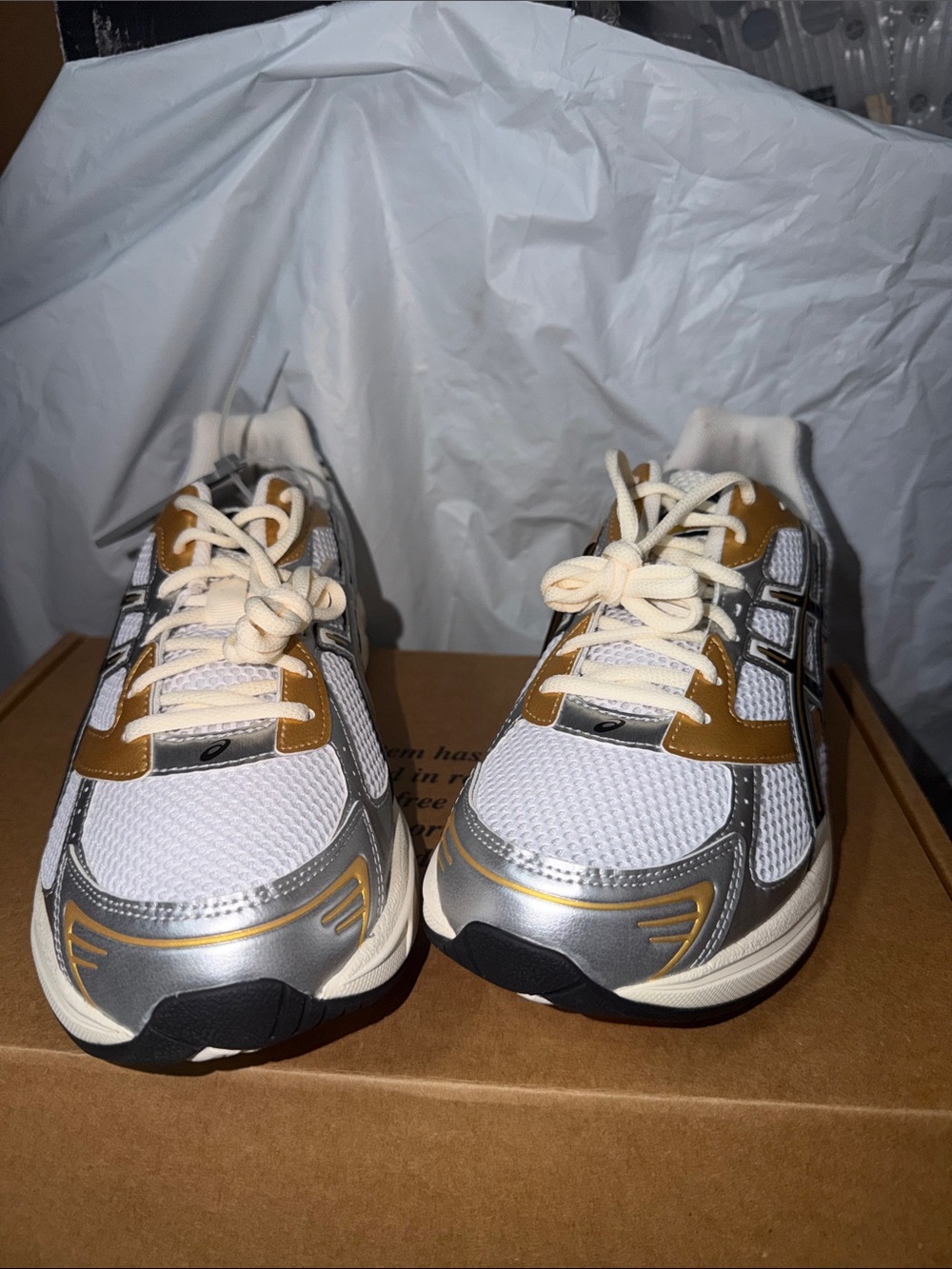 ASICS Men’s White Silver and Gold-Tan Athletic Running Shoes